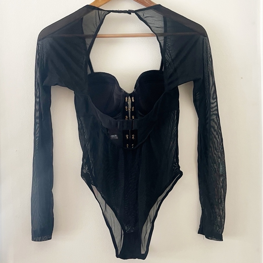 ASOS Sheer Mesh Bodysuit Black Long Sleeve Built In Bra 34B - Picture 3 of 5